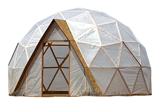 A geodesic dome made of wood and greenhouse film.