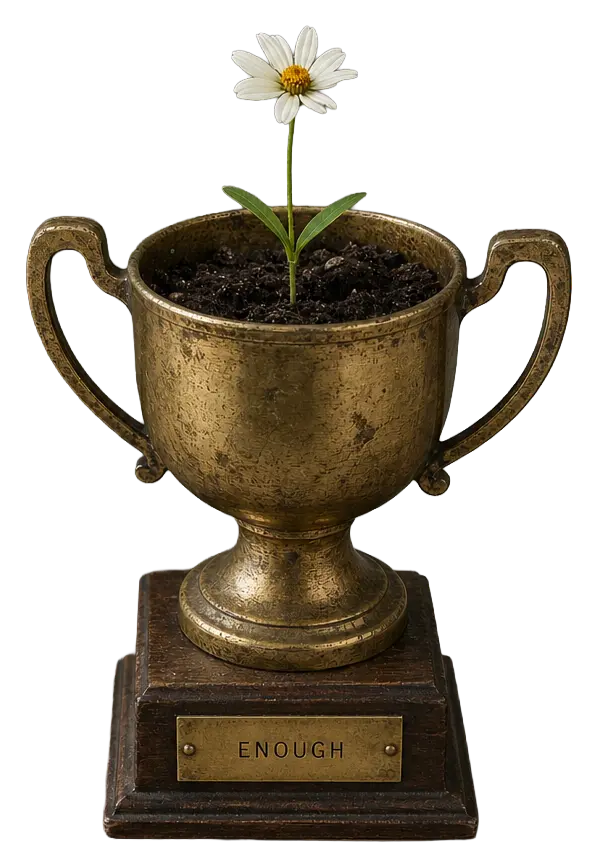 A flower growing from soil in an old trophy.