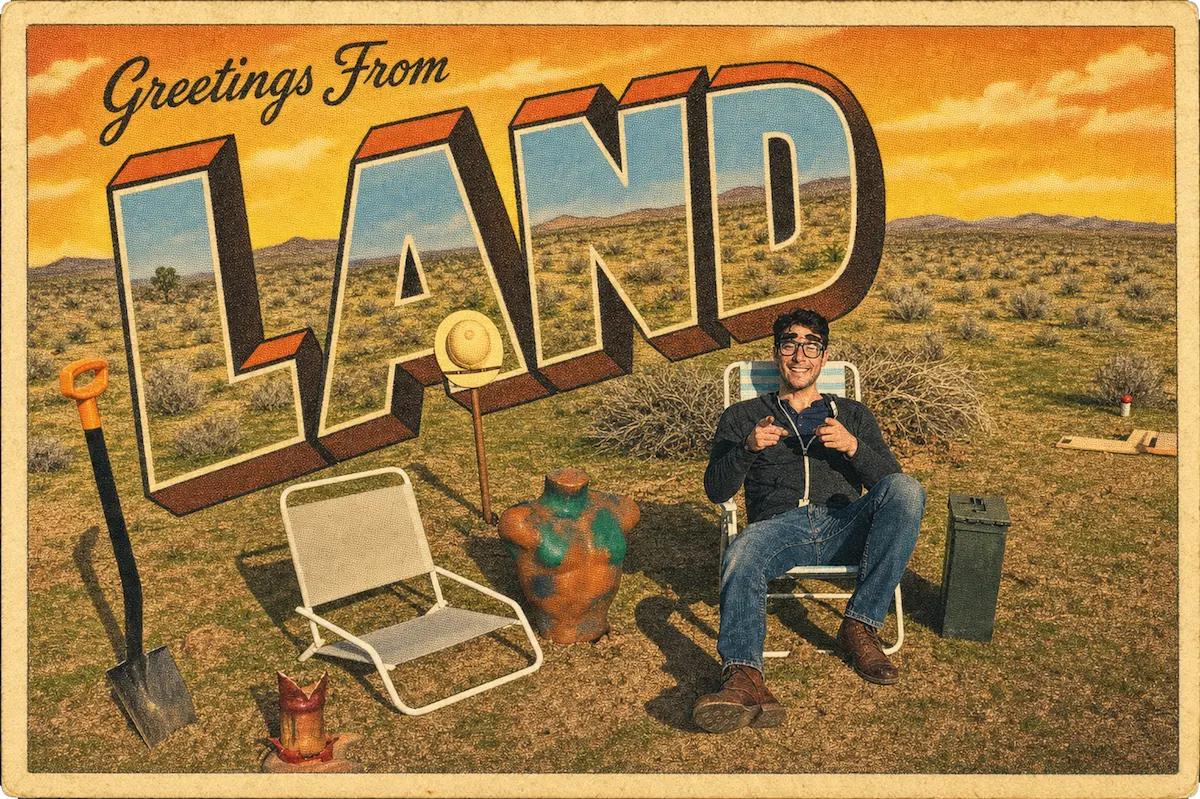 A postcard reading "greetings from Land."