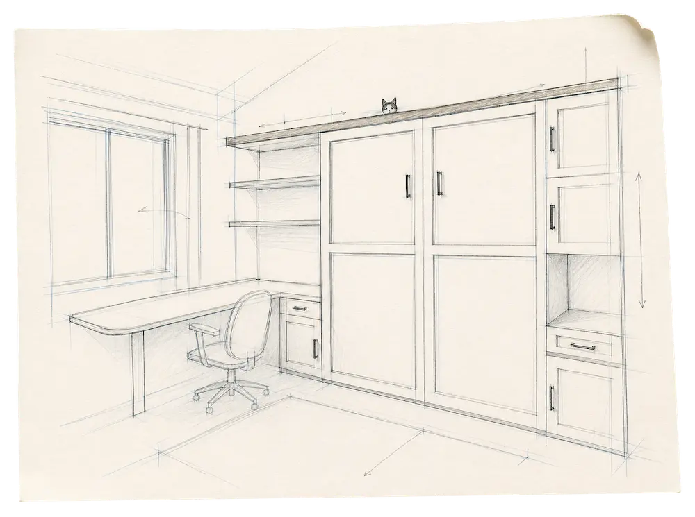 A paper sketch of a Murphy bed with a cat sitting on it