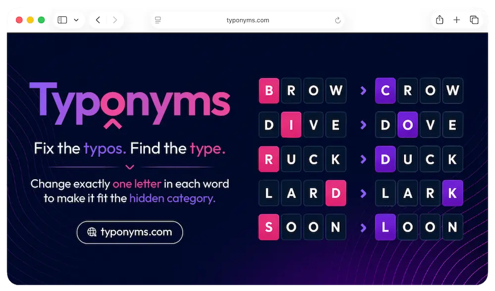An image showing how to play the puzzle game Typonyms.