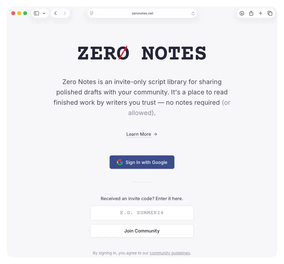 A screenshot of the Zero Notes homepage.